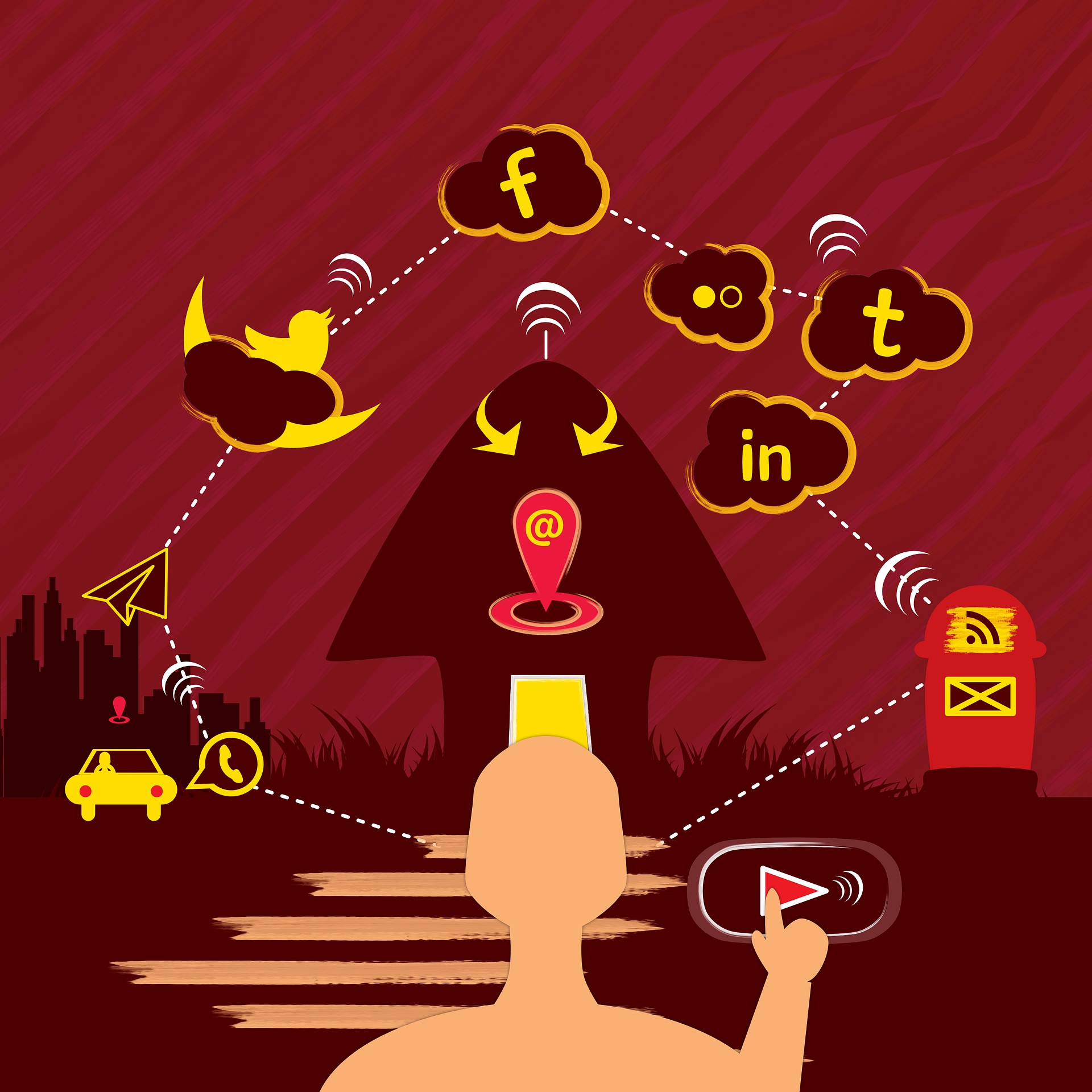 Illustration représentant un individu usant de multiples applications pour naviguer dans la ville